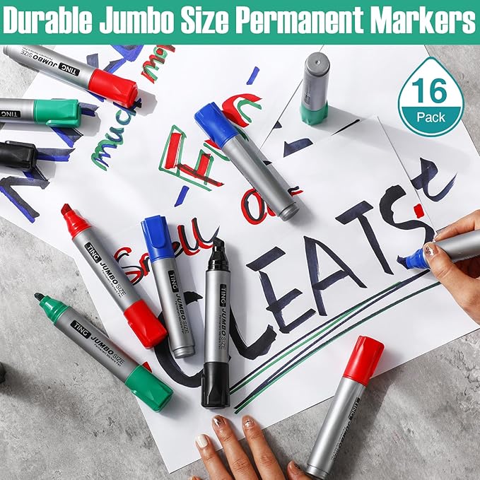 Fuutreo 16 Pcs Jumbo Size Permanent Markers Bulk Large Chisel Tip Permanent Markers Thick Waterproof Jumbo Pens Set Huge Poster Supplies(Multicolor)-DeskLoop Office