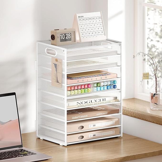 SUBEKYU 9 Tier Paper Letter Tray Desk Organizer with Handles - White Metal Mesh File Holder Paper Sorter Desk Organizer for Office Home School, Include 6 Pcs Adjustable Slid Tray, 6 Colors Available-DeskLoop Office