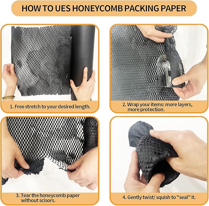 Honeycomb Packing Paper, HONSREO 15 Inches x 230 Feet Eco Friendly Recyclable Cushioning Material, Bubble Wrap for Moving Shipping Breakable Supplies with 20 Fragile Sticker Lables (Black)-DeskLoop Office