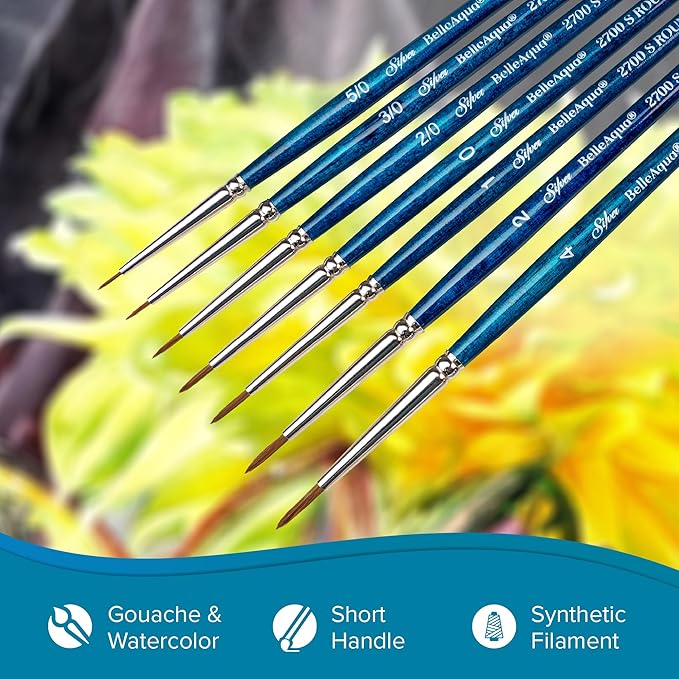 Silver Brush Limited BA-2750S BelleAqua Wet and Wild 13pc Professional Watercolor Brush Set, Soft Synthetic Red Sable Round Paint Brush Set, Sizes 5/0, 3/0, 2/0, 0, 1, 2, 4, 6, 8, 10, 12, 16, & 20-DeskLoop Office