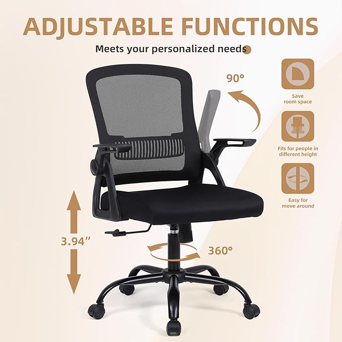 Office Chair, Ergonomic Desk Chair with Lumbar Support, Breathable Mesh Chair with Flip-up Armrests and Mid Back, Comfy Task Computer Height Adjustable Swivel Chair (2, Black)-DeskLoop Office