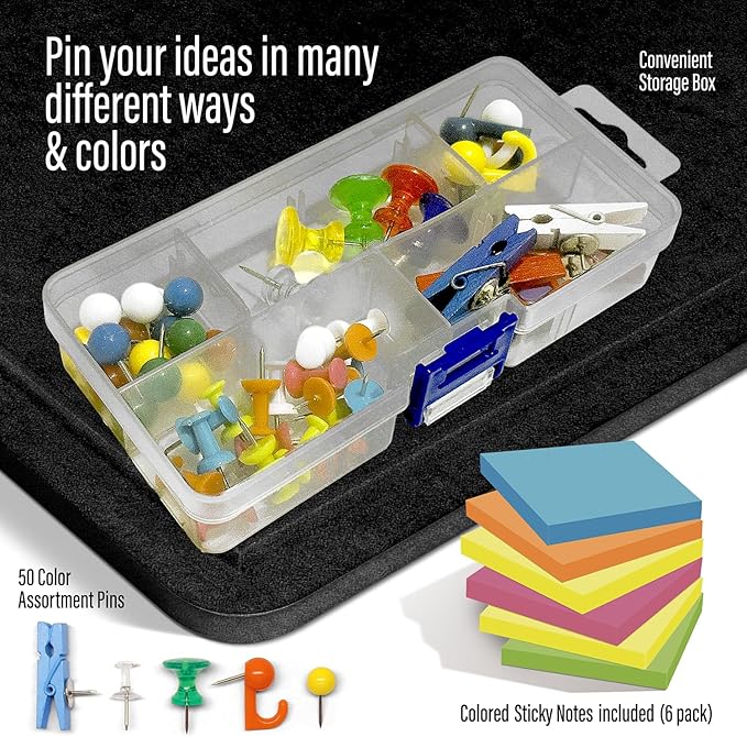 Large Bulletin Board 36 x 18 Inches - Foldable Felt Bulletin Board for Wall, Cork Board Alternative with 50 Color Pins & 6 Note Pads, Vision Board - Black-DeskLoop Office