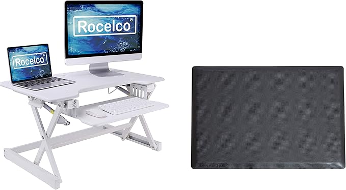 Rocelco 32" Height Adjustable Standing Desk Converter BUNDLE - Sit Stand Computer Workstation Riser with Anti Fatigue Mat - Dual Monitor Retractable Keyboard Tray Gas Spring - Black (R EADRW-MAFM)-DeskLoop Office