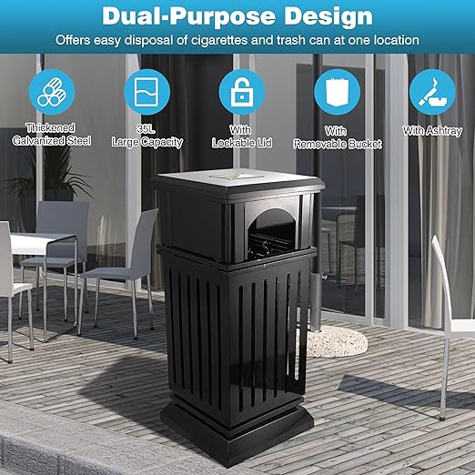IRONWALLS Commercial Trash Can with Lid, Black Outdoor Garbage Can for Patio, Side Opening Steel Square Commercial Waste Bin, Decorative Trash Container with Removable Inner Bucket for Park, Garden-DeskLoop Office
