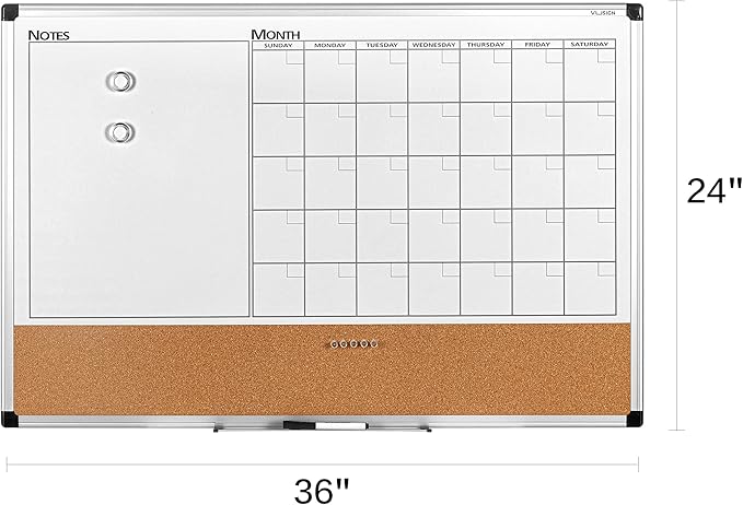VUSIGN Monthly Calendar Whiteboard Dry Erase Cork Board Combo, 24" x 36" Planning Board, Silver Aluminium Frame-DeskLoop Office