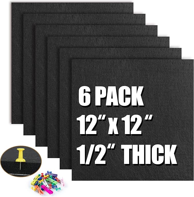 AKTOP Cork Board Bulletin Board 12x12, 1/2" Thick Felt Cork Board Tiles 6 Pack, Small Square Pin Board for Wall, Self Adhesive Corkboards with 60 Push Pin Wood Clips for School, Home & Office, Black-DeskLoop Office