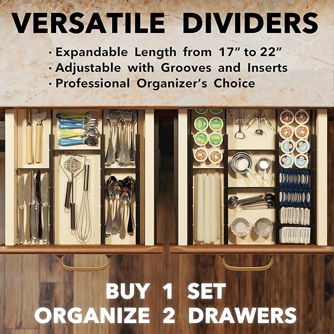 SpaceAid Bamboo Drawer Dividers with Inserts and Labels, Kitchen Adjustable Drawer Organizers, Expandable Organization for Home, Office, Dressers, 7 Dividers with 15 Inserts (17"-22" Black)-DeskLoop Office