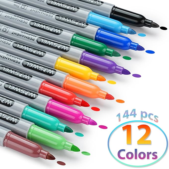 Permanent Markers Bulk, 144 Pack Permanent Marker Set, 12 Assorted Colors, Fine Point Tip, Fast Dry, Waterproof, work on Plastic, Glass, Metal, Wood and Stone, Perfect for School, Office, Home-DeskLoop Office