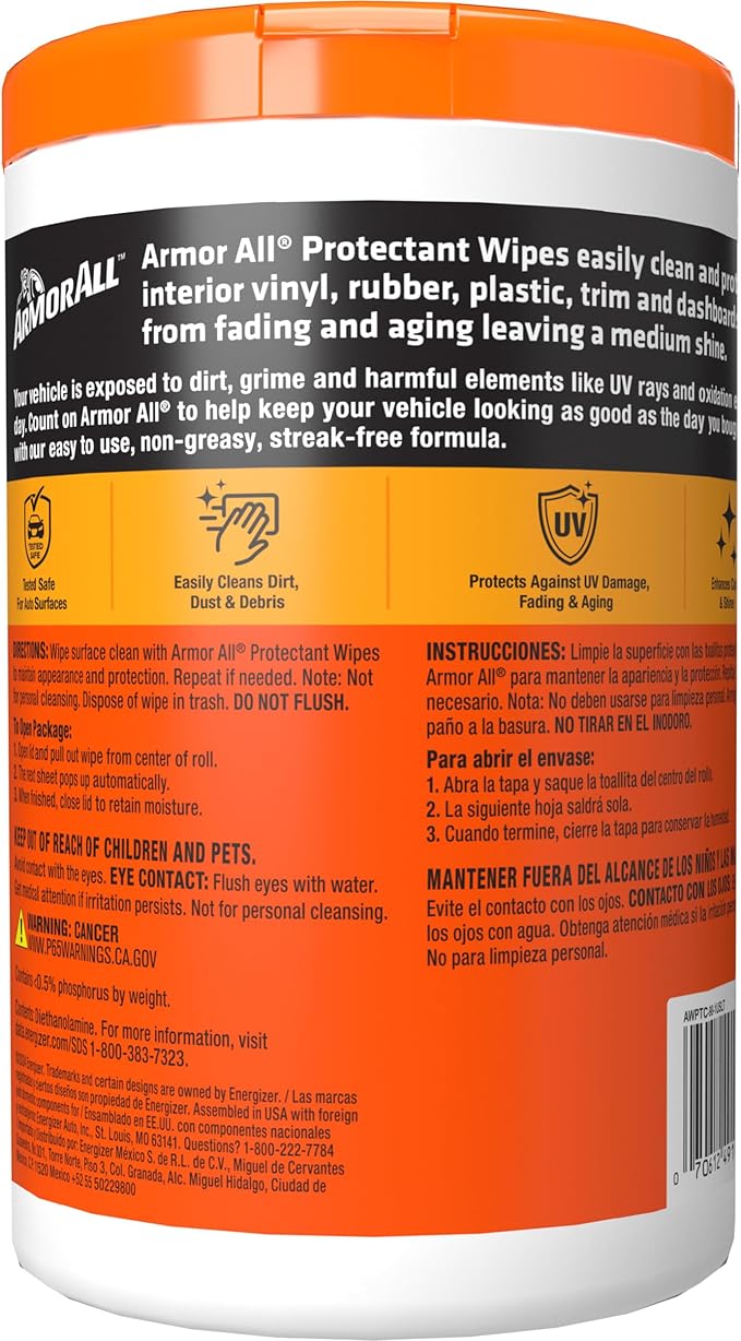 Armor All Car Interior Protectant Wipes, 90 Count Canister, UV Protectant for Vinyl, Rubber, Plastic, Trim and Dashboards-DeskLoop Office