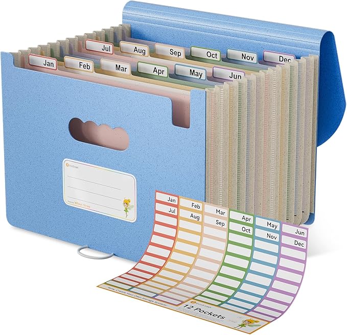 Accordion File Organizer, 12 Pockets Wheat Straw Expanding File Folder, Portable Monthly Paper Bill Tax Receipt Organizer, Letter A4 Size Document Holder,Green Office with Colorful Tab,UN Blue-DeskLoop Office