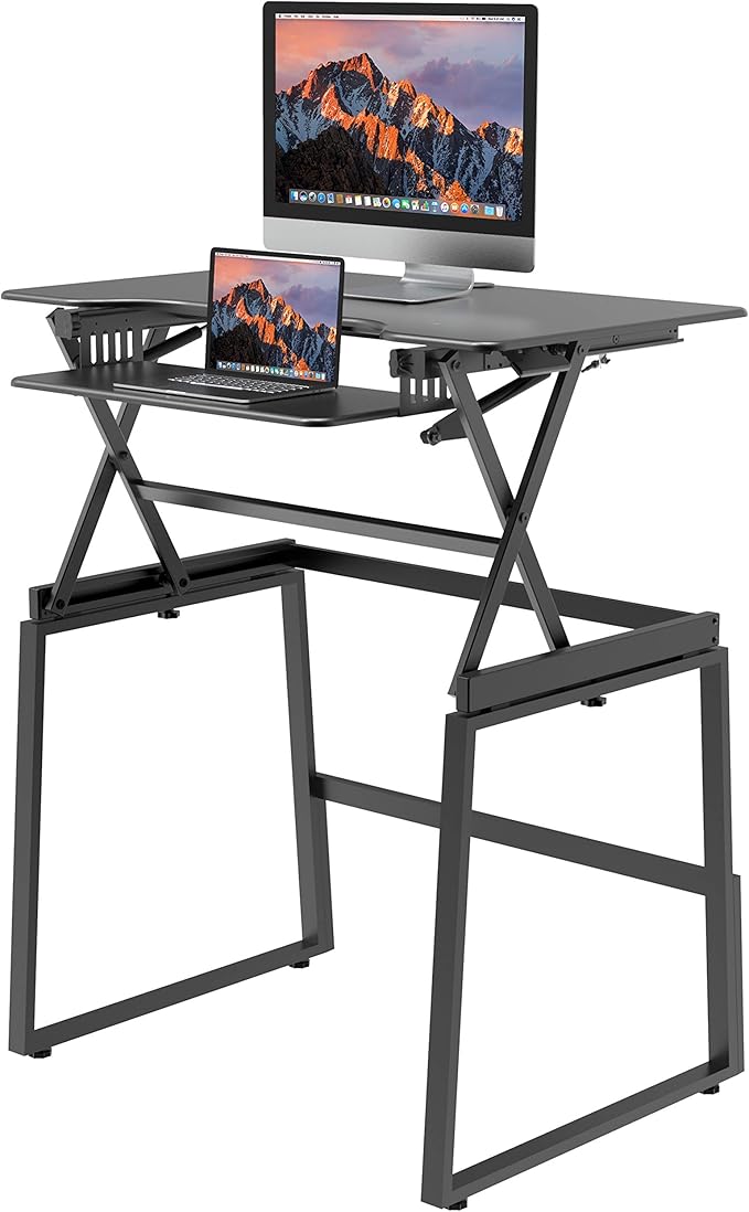Rocelco 40" Large Height Adjustable Standing Desk BUNDLE - Quick Sit Stand Up with Floor Stand - Tall Gas Spring Assist Computer Workstation - Retractable Keyboard Tray - Black (R DADRB-40-FS2)-DeskLoop Office