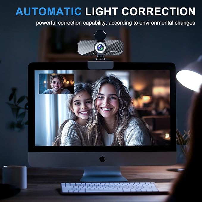 Webcam Full HD 1080P with Built-in Microphone and Rotatable Tripod, Carbon Fiber Board and Privacy Cover, Auto Light Correction, Adjustable FOV, Plug&Play for Zoom/Skype/Facetime/YouTube, Laptop/PC-DeskLoop Office