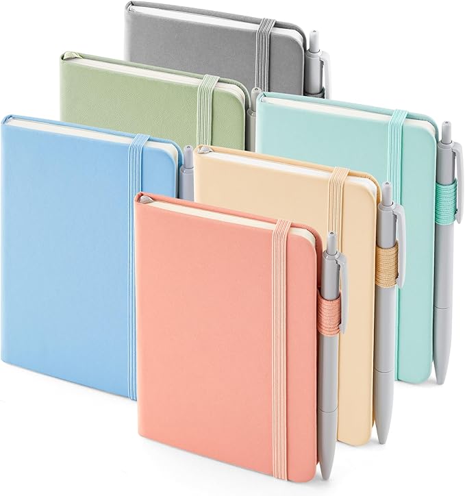 feela 6 Pack Pocket Small Notebooks Bulk, Mini Cute Memo Notepads Hardcover College Ruled Lined Journals with Pen Holder for Women Girls Office School, with 6 Black Pens, 3.5”x 5.5”, A6, Mild Colors