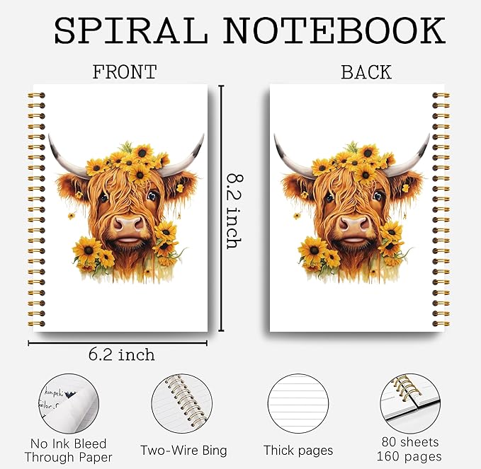Sunflower Highland Cow Notebook - Western Notebook, Cow Notebook, Highland Cow Office Supplies, Highland Cow Gifts, Cow Stuff, Farmhouse Highland Cows Spiral Notebook 5.5x8.3-DeskLoop Office