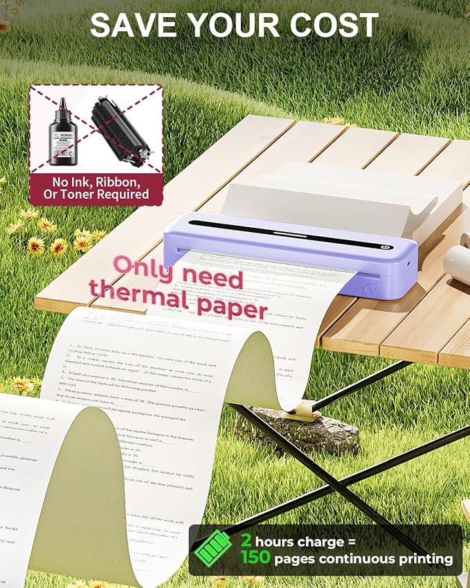 COLORWING Portable Printers Wireless for Travel, 300DPI Mini Compact Inkless Printer, Thermal Bluetooth Printer Compatible with Android and iOS Smartphone & Tablet & Laptop - Purple-DeskLoop Office