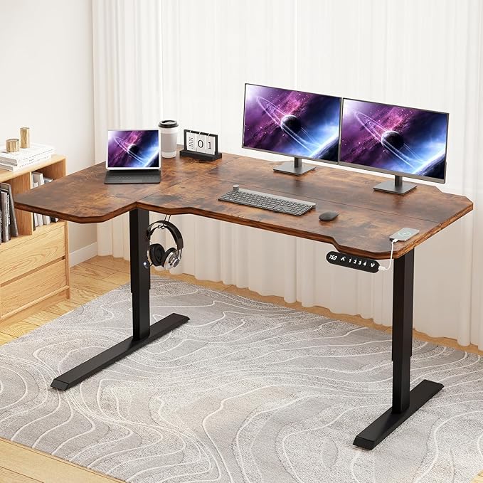 Electric Height Adjustable Standing Desk, 59 L-Shaped Sit - Stand Desk for Work or Home Office Push Button Memory Settings Brown Splice Board/Black Frame-DeskLoop Office