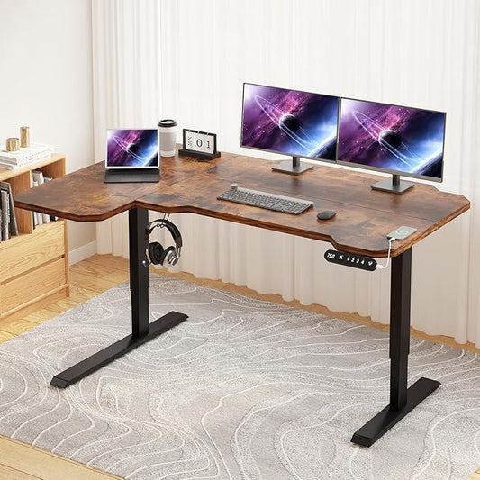 Electric Height Adjustable Standing Desk, 59 L-Shaped Sit - Stand Desk for Work or Home Office Push Button Memory Settings Brown Splice Board/Black Frame-DeskLoop Office
