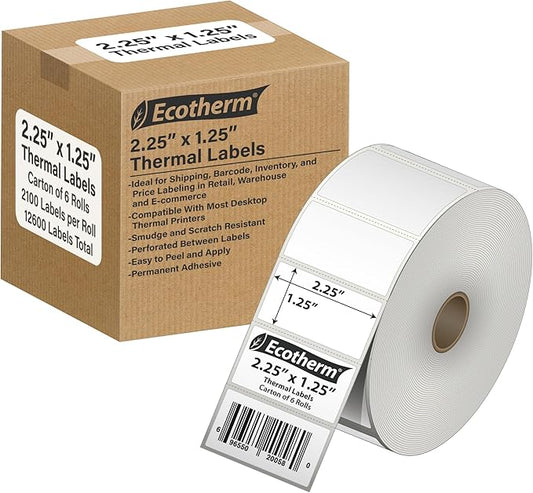 2.25" x 1.25" Thermal Labels | 6 Rolls | 12600 Labels | fits Zebra, Munbyn, Rollo, Godex, Arkscan, iDPRT, Offnova Thermal Label Printers and More | Blank White Adhesive Stickers by Ecotherm-DeskLoop Office