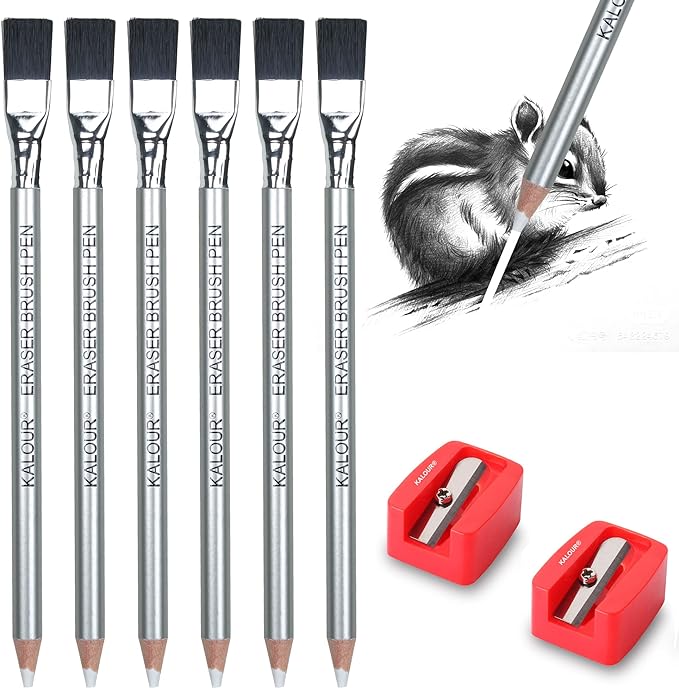 KALOUR Detail Eraser Pencil - 6pc Eraser Pencils with Brush and 2pc Sharpener,Erasing Small Details or add Highlights for Sketching, Charcoal Drawings. Fine Detail Eraser for Beginners & Artists-DeskLoop Office