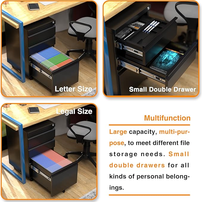 Aobabo Steel 3 Drawer Mobile File Cabinet with Lock, Under Desk Metal Filing Cabinet, 23.6''H A4/Legal/Letter Size Fully Assembled Except Wheels, Black-DeskLoop Office