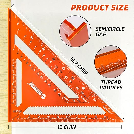12 Inch Rafter Square, Carpenter Measuring Layout Tool, Aluminum Alloy Triangle Ruler Protractor for Woodworking and Carpentry - Imperial-DeskLoop Office
