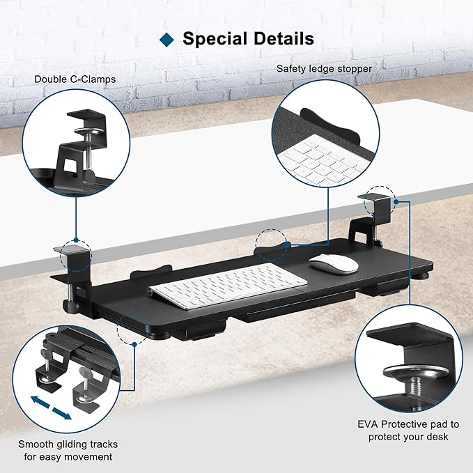 Keyboard Tray Under Desk with Drawer,26.77" X 11.81" Keyboard Tray Large Size with C Clamp-on Mount, Easy to Install, Save Space for Office Desk (Black)-DeskLoop Office