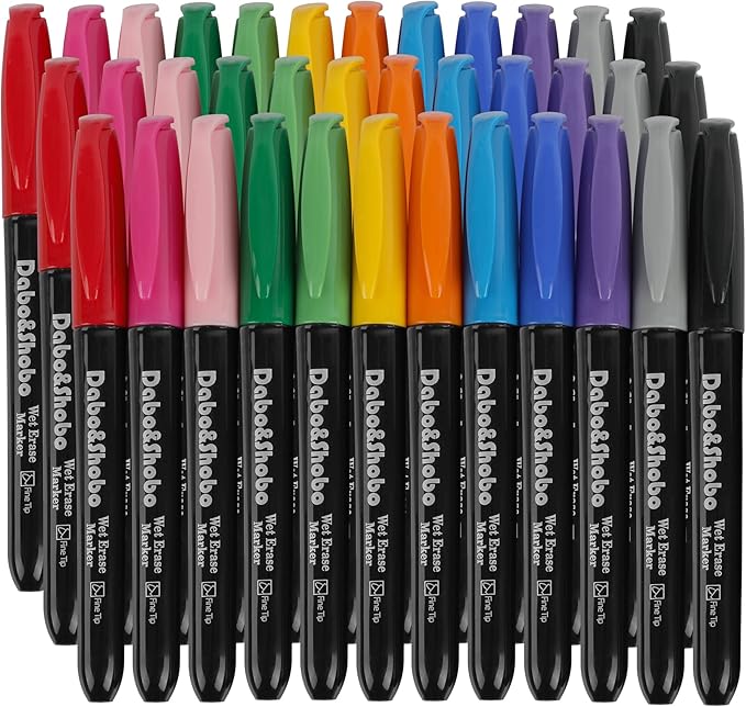 Dabo&Shobo Wet Erase Markers, 36-Count Smudge-Free, 12 Colors Fine Tip, Erases with Water! Low Odor Markers for Office, School & Home-DeskLoop Office