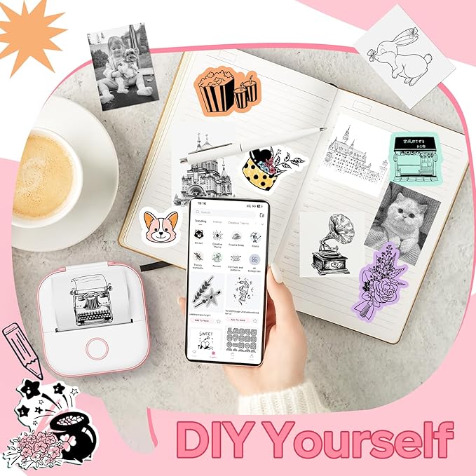 Sticker Printer Machine, Print Pods Mini Maker with 1 Roll Paper, Mini Portable Sticker Maker Y02C, Bluetooth Inkless for Phone, Thermal Portable Machine for Journal, Note, Photos, Learning-DeskLoop Office