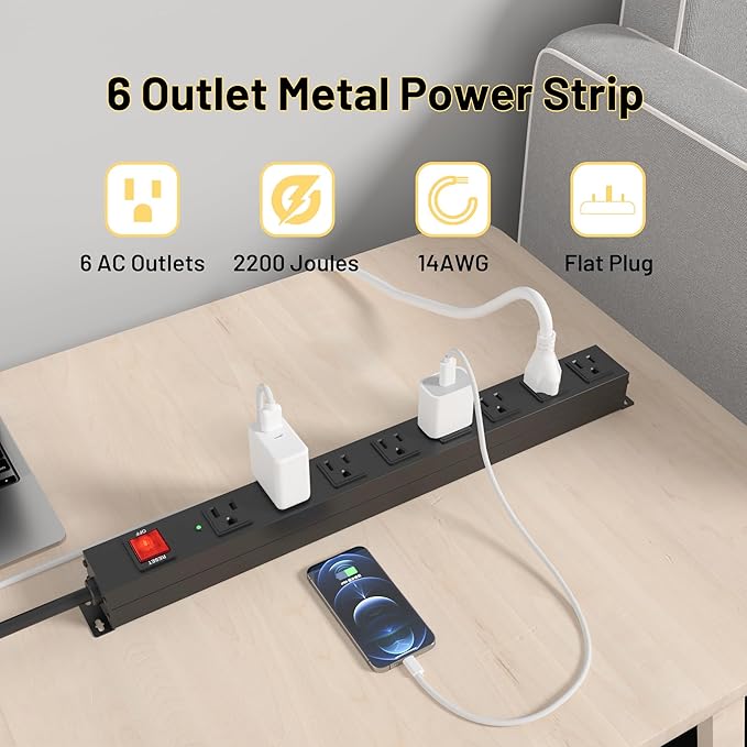 KF 8 Outlet Heavy Duty Power Strip Surge Protector, 2100J Surge Protection Black Power Strip, 15A/1875W Mountable Power Strips, 14AWG 6FT Extension Cord, Black(8FT-2100J)-DeskLoop Office