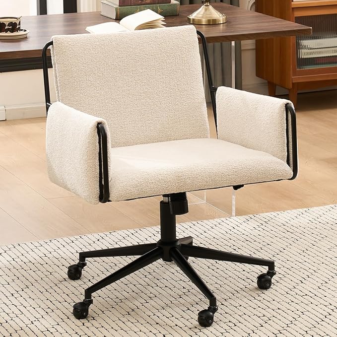 Kidol & Shellder Office Desk Chair with Arm, Swivel Adjustable Height with Wheels Comfortable Wide Seat for Home Office, Bedroom, Makeup Room, Beige-DeskLoop Office