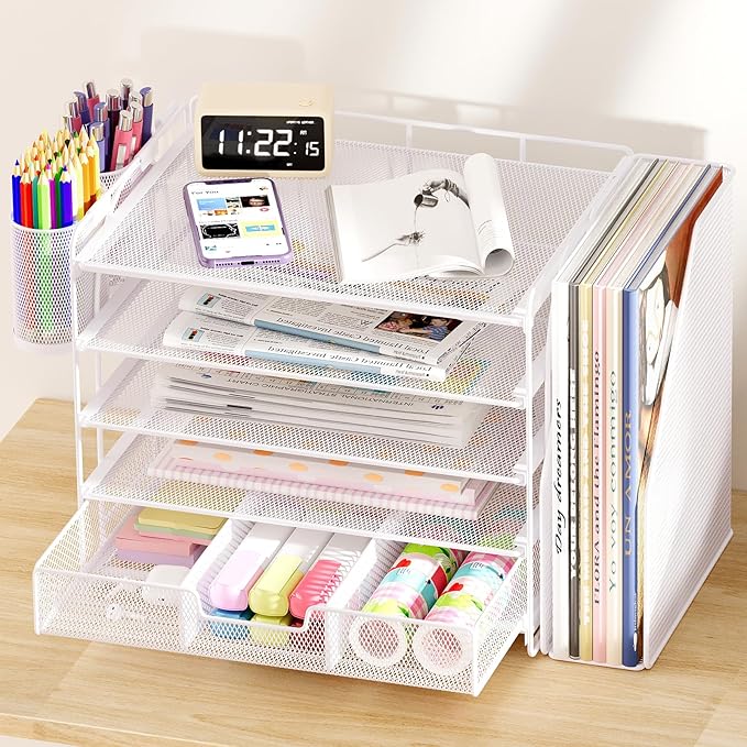 Desk Organizers and Accessories, 5-Tier Paper File Organizer with Drawer & Pen Holder, Office Desk Accessories Workspace Desktop Organizer for Office Supplies (White)-DeskLoop Office