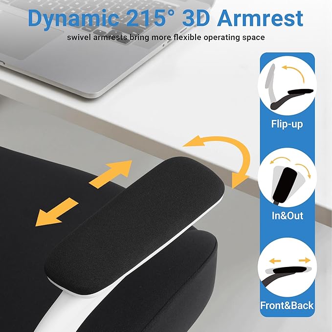 HYLONE Heavy Duty Office Chair, 5" Thickened Seat Ergonomic Desk Chair with Adjustable Armrests, Home Office Computer Chairs for Long Hours Mesh Executive Chair(White Base & Black)-DeskLoop Office