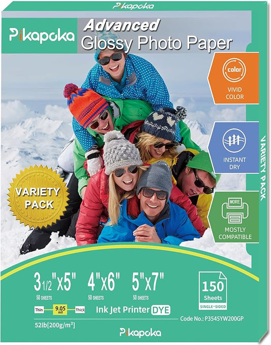 Glossy Photo Paper 3.5x5, 4x6, 5x7, Photo Printer Paper for Inkjet, 150 Bulk Variety Pack, Assorted Sizes, 52lb/200gsm (P3545YW200GP)-DeskLoop Office