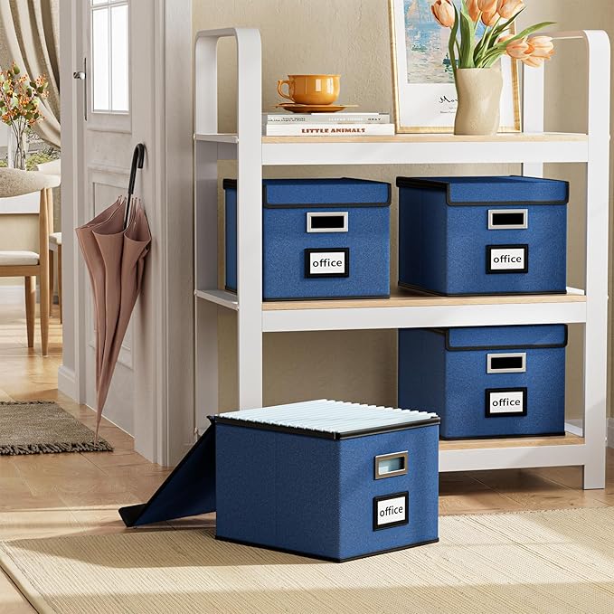 Huolewa Decorative File Organizer Box Office Document Storage with Lid, Portable Collapsible Linen Hanging Filing & Storage Boxes for Office/Decor/Home (Royal Blue) - 14.9 x 12.7 x 10.8 inch - 1Pack-DeskLoop Office