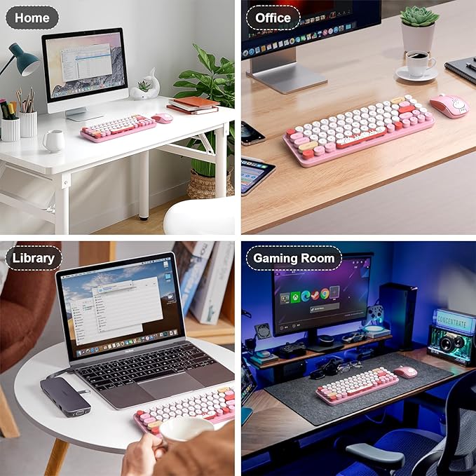 FOPETT Wireless Keyboard and Mouse Cute Mouse and Keyboard 2.4G Wireless Keyboards with Colorful 68 Keys Typewriter Retro Round Keycap for PC, Laptop,Tablet,Computer Windows - Pink Colorful-DeskLoop Office