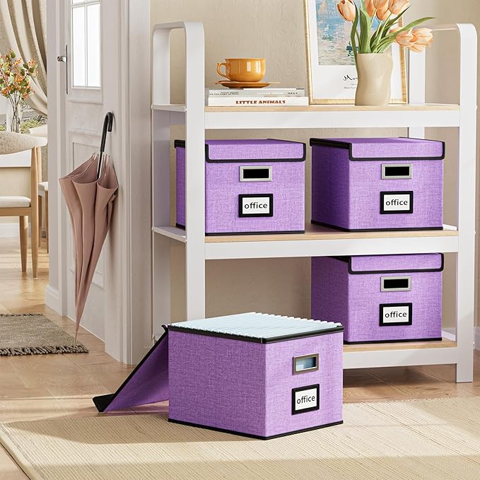 Huolewa Decorative File Organizer Storage Box with Lid, Linen Hanging Filing & Storage Box with Plastic Slide for Office/Decor/Hom, Universal Hanging Filing Organization Box for Letter/Legal Folder-DeskLoop Office
