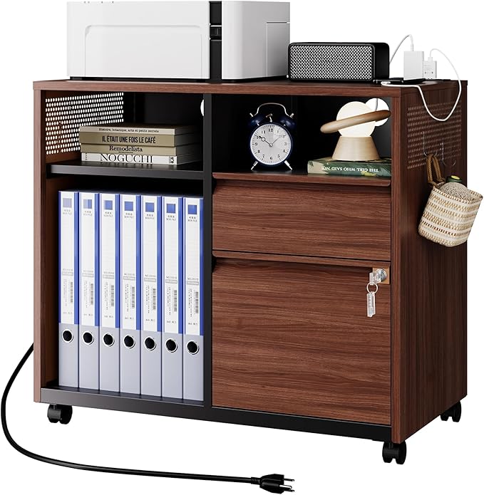 Letaya Mobile 2 Drawer File Cabinet with Lock, Metal Lateral Printer Stand Filing Storage Cabinets with Shelves for Home Office-A4/F4/Letter (Charging Socket)-DeskLoop Office