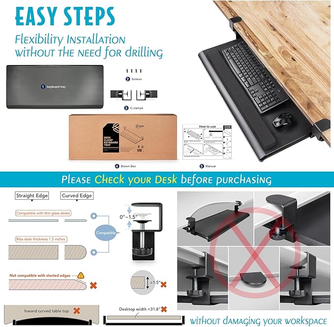 EHO Large Ergonomic C-Clamp Keyboard Tray Mount Under Desk with Wrist Rest, Slide-Out Platform 27.5" (31.8" Including Clamps) x 12.5", Pull Out Keyboard & Mouse Tray for Home or Office, Black-DeskLoop Office