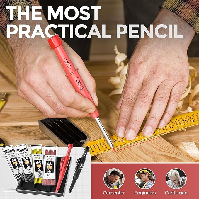 Nicpro CP3000 Carpenter Pencil with Sharpener, 2 Pack Mechanical Pencils Set with 38 Refills, Deep Hole Marker for Construction, Heavy Duty Carpenter Tools for Architect Marking (Black, Red)-DeskLoop Office