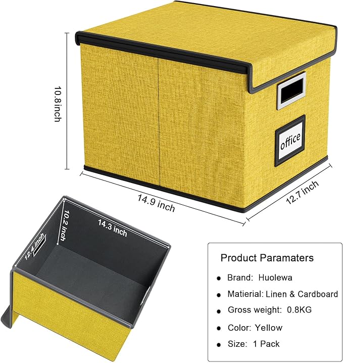 Huolewa Collapsible File Storage Organizer Box with Lid, Linen Document Storage Organization, Universal Hanging Filing Box for Letter/Legal Folder, Decorative Office/Home File Bins - yellow, box only-DeskLoop Office