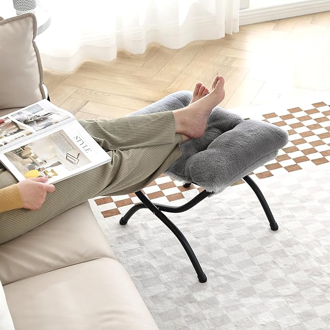 LITA Folding Upholstered Footrest Stool, Modern Small Portable Accent Ottoman with Detachable Thick Cotton Cushion Padded Sofa Stool with Metal Frame for Lazy Chair, Living Room & Bedroom, Plush Grey-DeskLoop Office