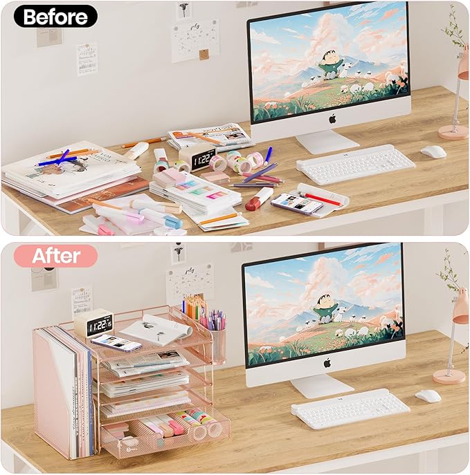 Desk Organizers and Accessories, 5-Tier Paper File Organizer with Drawer & Pen Holder, Office Desk Accessories Workspace Desktop Organizer for Office Supplies (Rose Gold)-DeskLoop Office