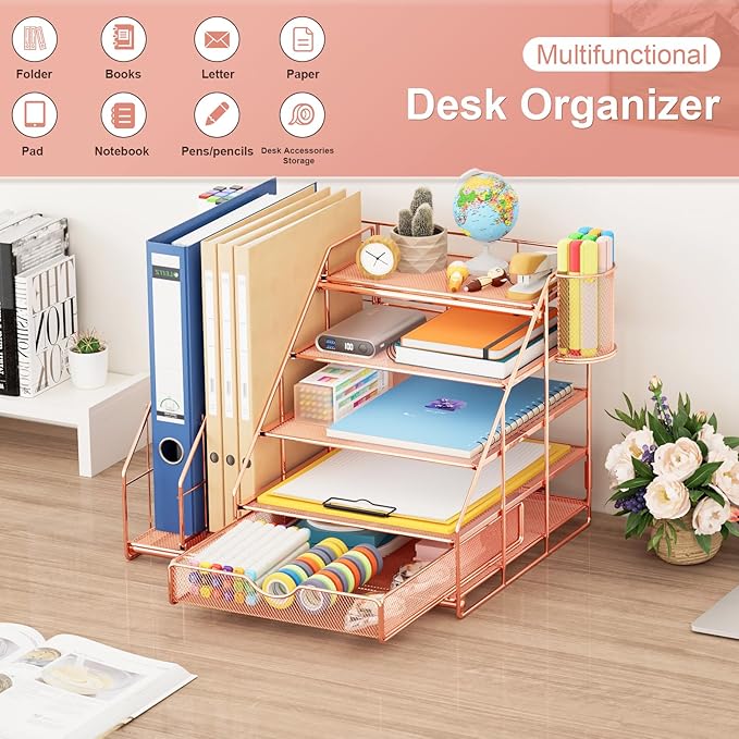 Marbrasse Desk Organizer with File Holder, 5-Tier Desk Organizers and Accessories with Drawer and 2 Pen Holder, Mesh Paper Letter Tray, Desktop Organizer and Storage for Office Supplies (Rose Gold)-DeskLoop Office