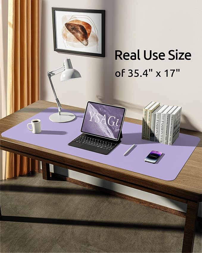 YSAGi Leather Desk Protector, Office Mat, Large Mouse Mat, Non-Slip PU Leather Blotter, Laptop Desk, Waterproof Writing Pad for Office and Home (Light Purple, 35.4" x 17")-DeskLoop Office