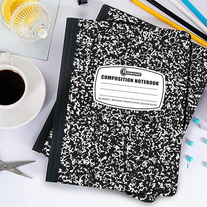 12 Pack Composition Notebook College Ruled Bulk, 200 Pages (100 Sheets), 9-3/4 x 7-1/2, Hard Cover College Ruled Notebook Bulk, Black Marble Composition Notebook College Ruled, Bulk Notebooks