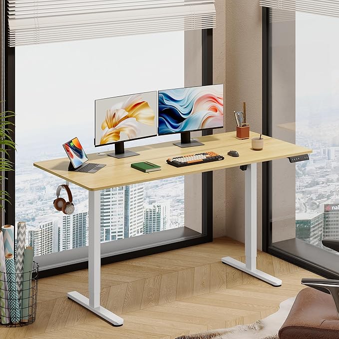 DEVAISE 63 Inch Electric Standing Desk, 3 Adjustable Height Stand up Desk for Home Office, Ergonomic Sit to Stand Desk with LED Touchscreen, Headphone Hook, 3 Memory Preset Computer Desk (Maple)-DeskLoop Office