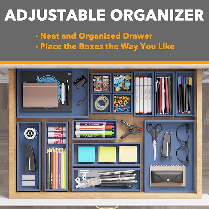 SpaceAid 14-Piece Bamboo Drawer Organizer Storage Boxes Set, Wood Tray Junk Drawer Organizers Multi-Use Divider Bins for Kitchen, Bathroom, Office Desk and Makeup Organization (14 Pack, Navy Blue)-DeskLoop Office