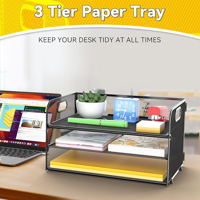 3 Tier Paper Organizer Tray with Handle, Mesh Letter Tray for Office, Home, School (1 Pack), Black-DeskLoop Office