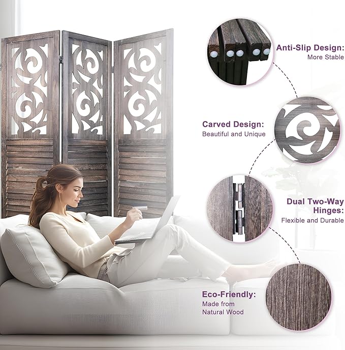 Room Divider, 5.6FT Folding Room Divider Panel, 8 Panel Craved Wood Partition Wall Divider for Room Separation, Rustic Brown-DeskLoop Office