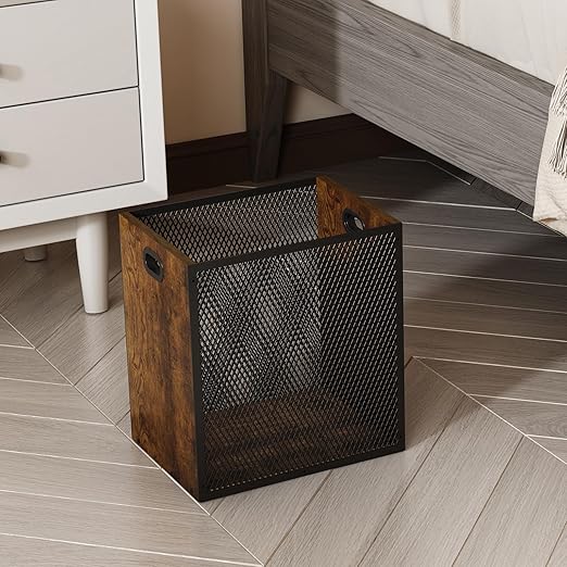 Retro Office Trash Can, Iron and Wood Combination Bedroom Garbage Can, Rectangular Design Wastebasket with Handle, Industrial Style Trash Can for Home Office, 11.02" X 7.87" X 11.81" 4.5 Gallon (2)-DeskLoop Office